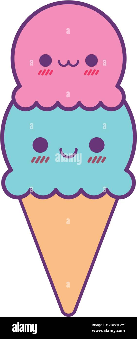  línea de dibujos animados de cono de helado y diseño de icono de estilo de relleno, Kawaii comida linda expresión personaje divertido y tema de emoticonos Ilustración vectorial Imagen vectorial de stock
