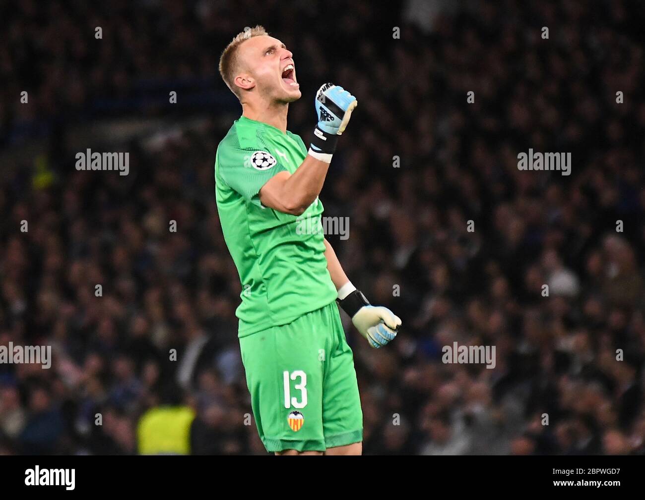 LONDON, ENGLAND - SEPTEMBER 17, 2019: Jasper Cillessen of Valencia celebrates after a goal scored by Rodrigo Moreno Machado of Valencia (not in the picture) during the 2019/20 UEFA Champions League Group H game between Chelsea FC (England) and Valencia CF (Spain) at Stamford Bridge. Stock Photo