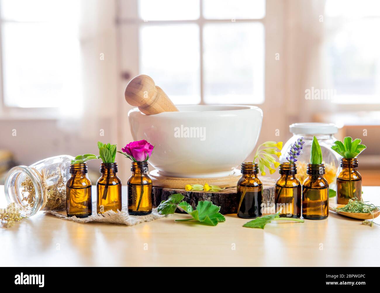 Herbal remedy composition concept. Essential oil bottles with mortar and pestle and leaves. Blurred white window with glowing daylight background. Stock Photo