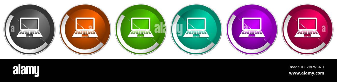 Computer icon set, silver metallic chrome border vector web buttons in 6 colors options for webdesign Stock Vector