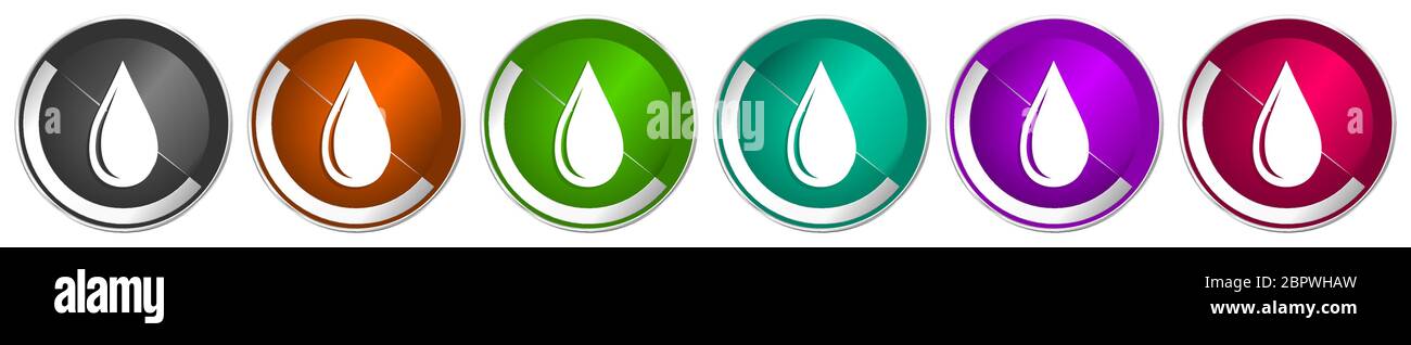 Water drop icon set, silver metallic chrome border vector web buttons ...