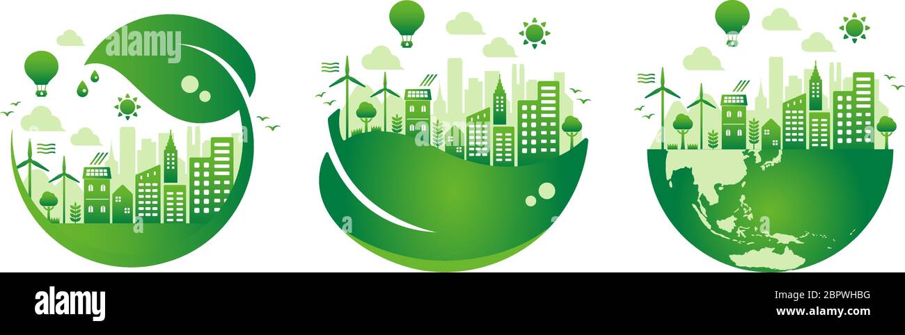 Green eco city vector illustration set ( ecology concept , nature ...