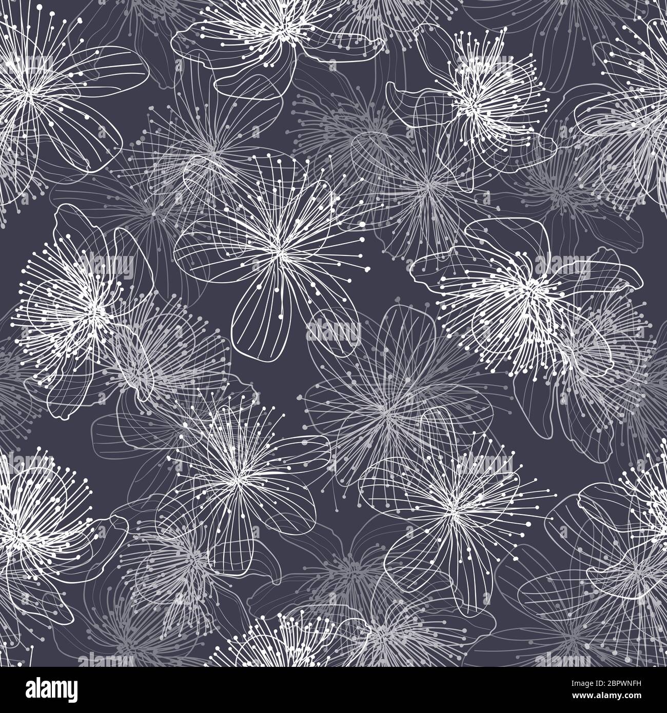 WHITE DRAWED FLOWERS ON A DARK BACKGROUND. SEAMLESS PATTERN LACE. LINEAR GRAPHICS Stock Vector