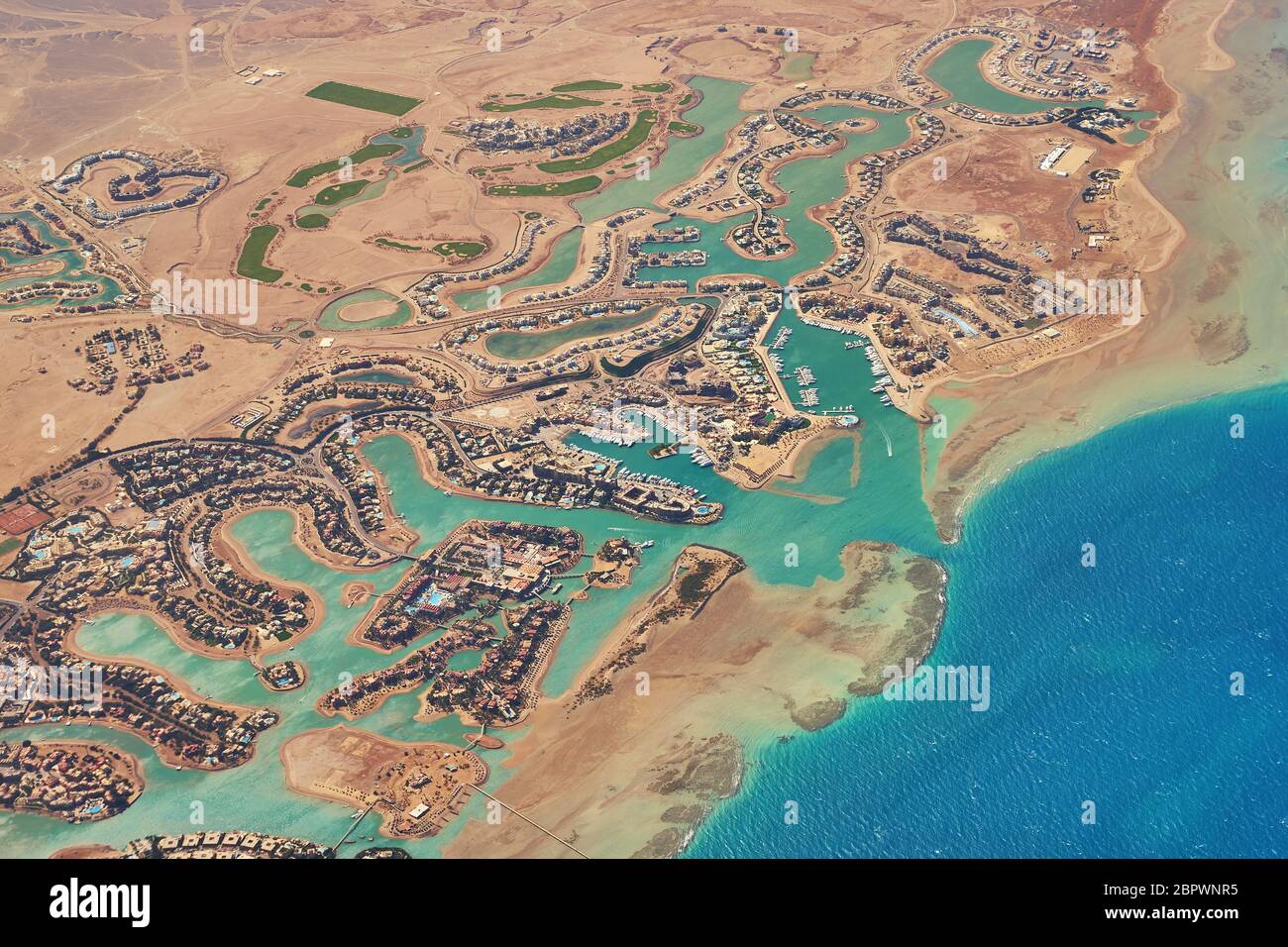 Aerial view of El Gouna a luxury Egyptian tourist resort located on the Red Sea 20 kilometres north of Hurghada. Stock Photo