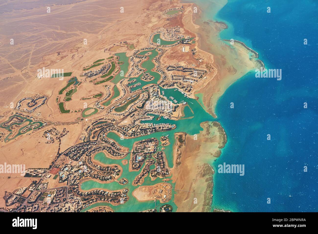 Aerial view of El Gouna a luxury Egyptian tourist resort located on the Red Sea 20 kilometres north of Hurghada. Stock Photo