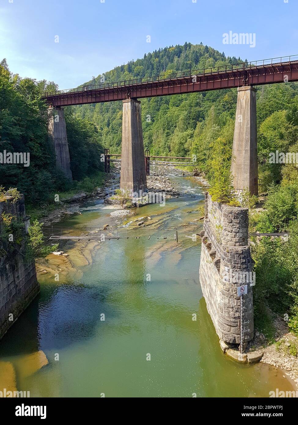Old stone bridge in the Carpathian mountains over the river in summer Stock Photo