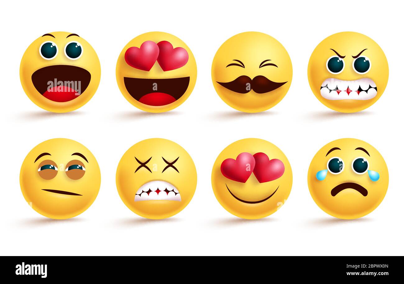 Emoji vector set. Yellow face emojis and emoticons with different facial expressions like sleepy, angry, crying and in love isolated in white. Stock Vector