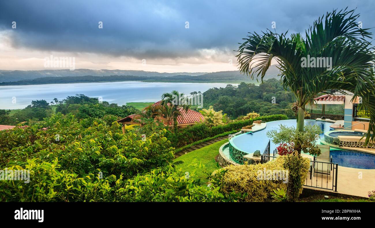 Scenic view of Lake Arenal in central Costa Rica and a lodge Stock Photo
