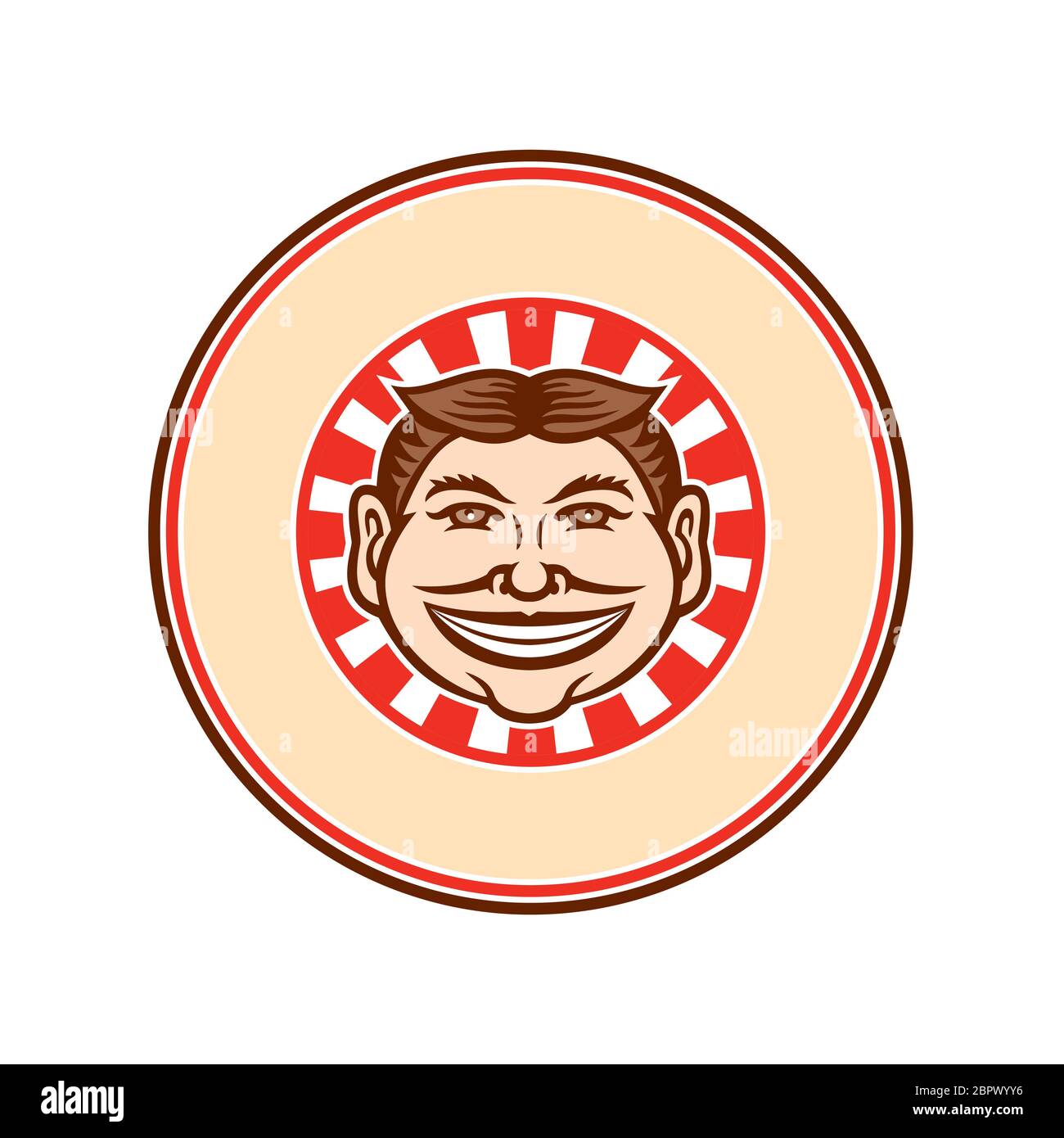 Mascot icon illustration of head of a grinning, leering, smiling funny face slyly beaming mug with hair parted in middle viewed from front with sunbur Stock Photo