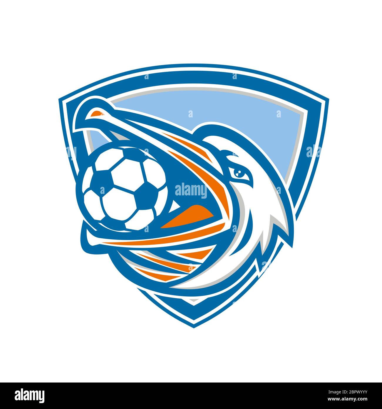 Illustration of a head of a pelican bird with soccer or football ball inside mouth looking up to the side set inside shield crest done in retro style. Stock Photo