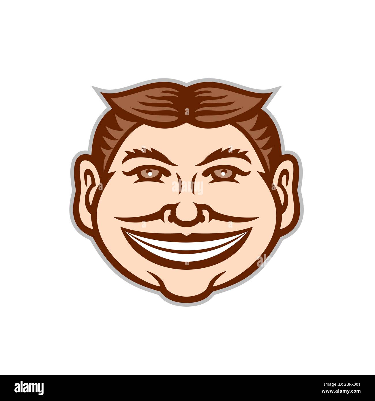 Mascot icon illustration of head of a funny face grinning, leering, smiling slyly beaming mug with hair parted in middle viewed from front on isolated Stock Photo