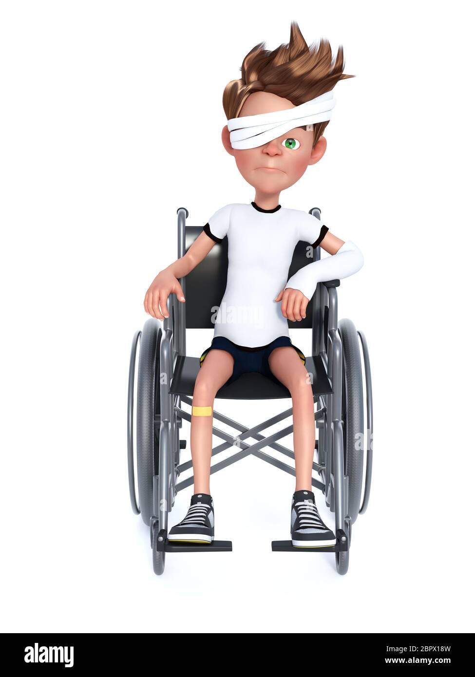 3D rendering of an unhappy cartoon boy with a broken arm and eye bandage sitting in a wheelchair. White background. Stock Photo