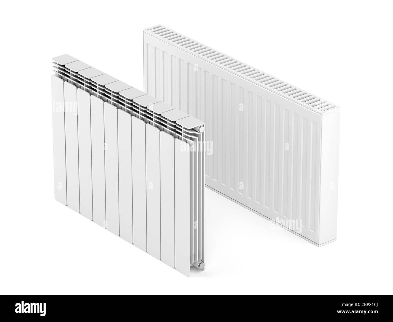 Steel and aluminum heating radiators on white background Stock Photo