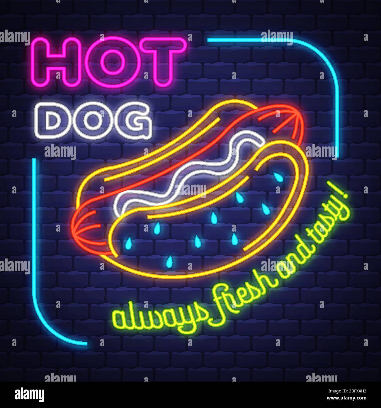 Hot Dog Neon Sign Vector. Hot Dog neon sign on brick wall