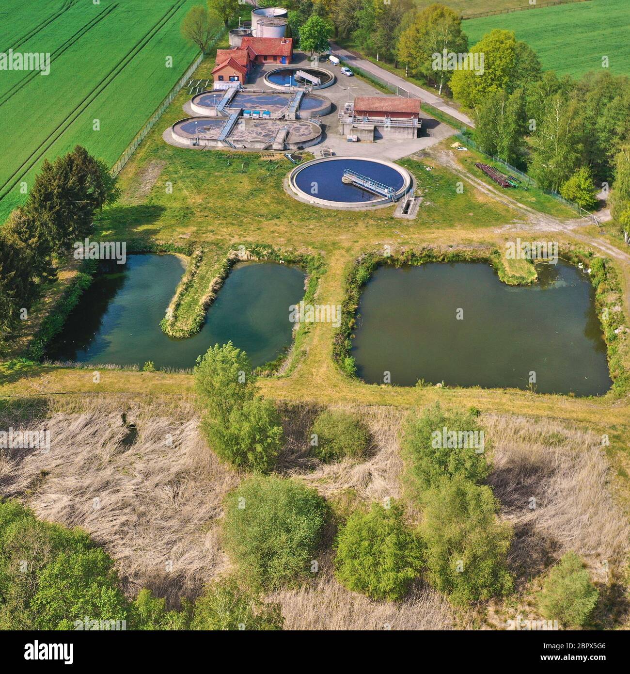 Aerial view of a treatment plant for dirty wastewater with primary