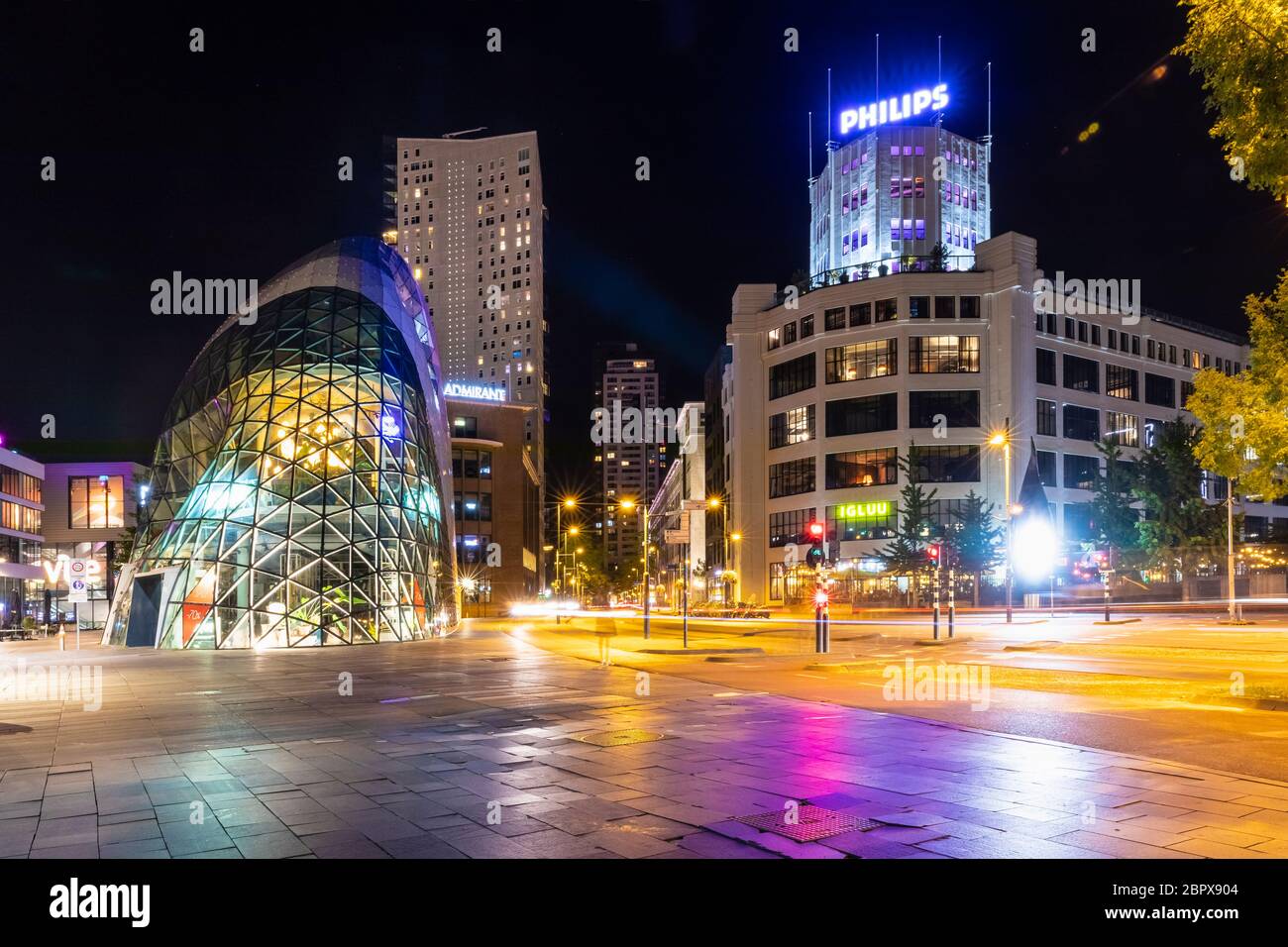 Eindhoven, The Netherlands, August 24th 2019. Eindhoven city with the blob and the Philips building and the 18 Septemberplein with lots of colorful li Stock Photo