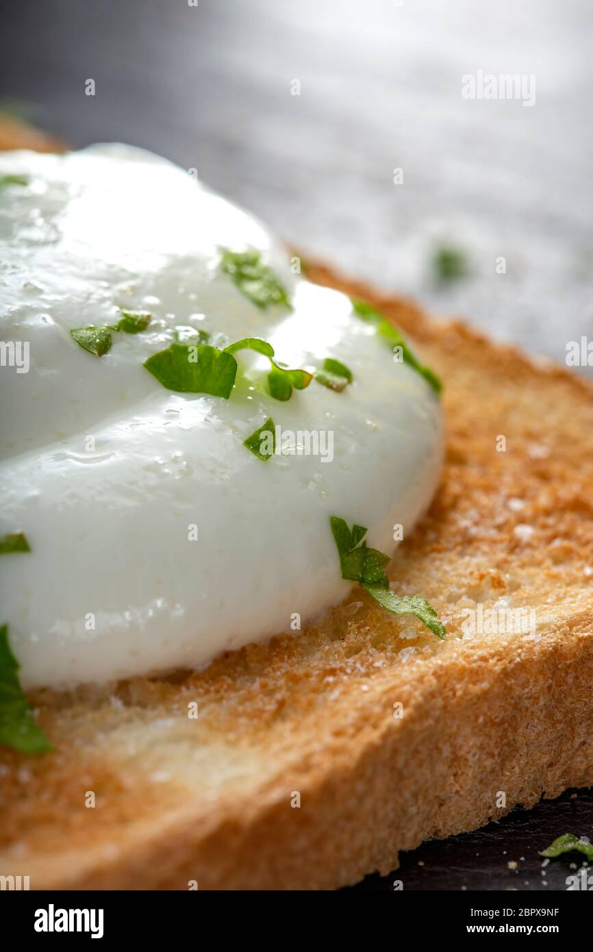 Toast with fresh cream and herbs Stock Photo