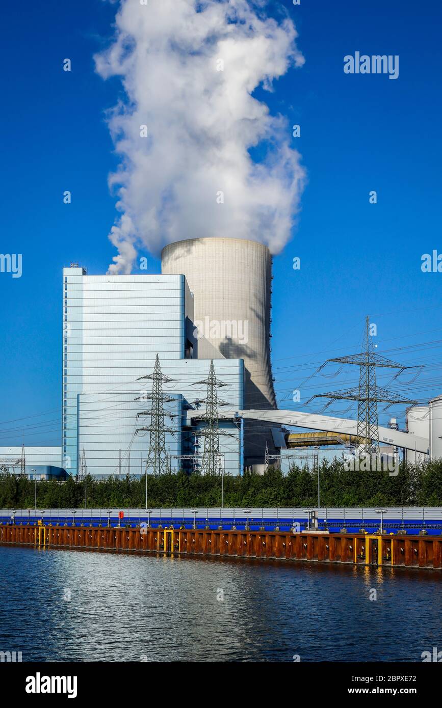 Datteln, Ruhr Area, North Rhine-Westphalia, Germany - Datteln 4 power plant, Uniper hard coal-fired power station on the Dortmund-Ems Canal. Datteln, Stock Photo