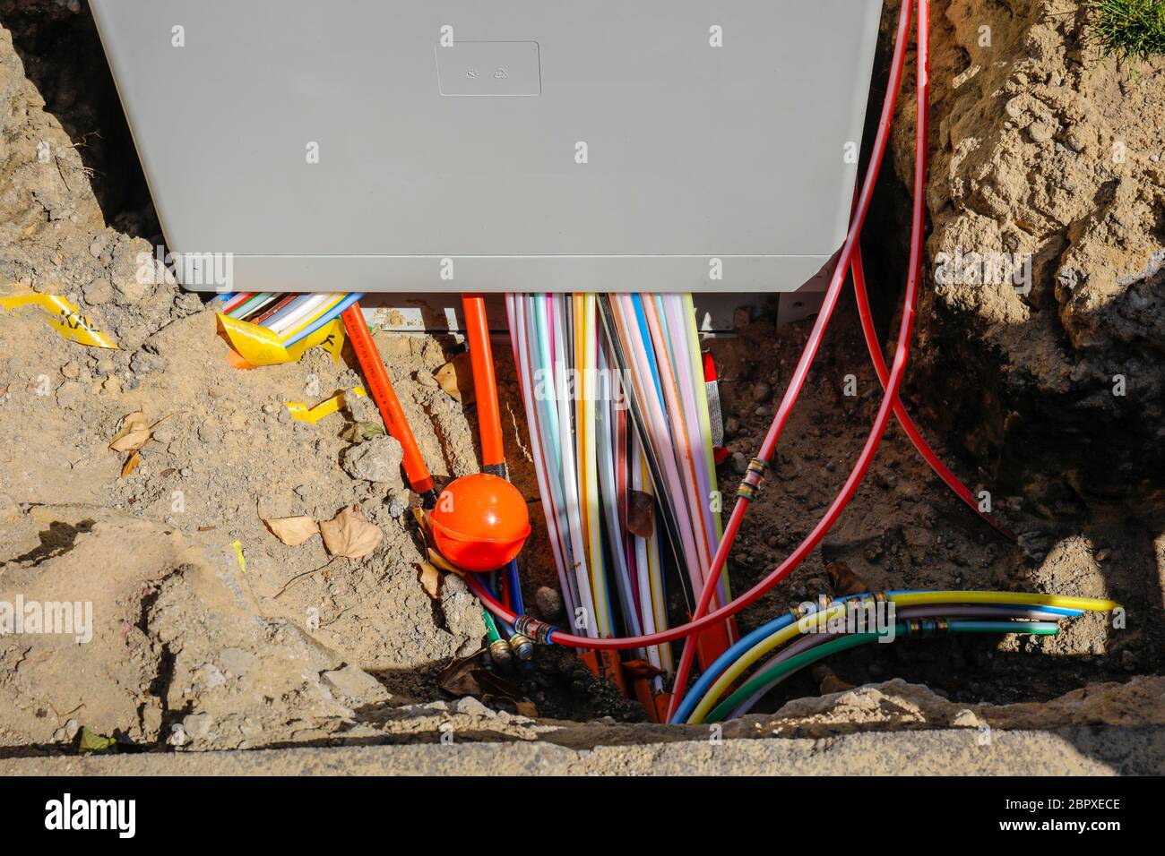 Datteln, Ruhrgebiet, Nordrhein-Westfalen, Germany - Telekom distribution box for fast internet, construction site DSL cable connection for households. Stock Photo
