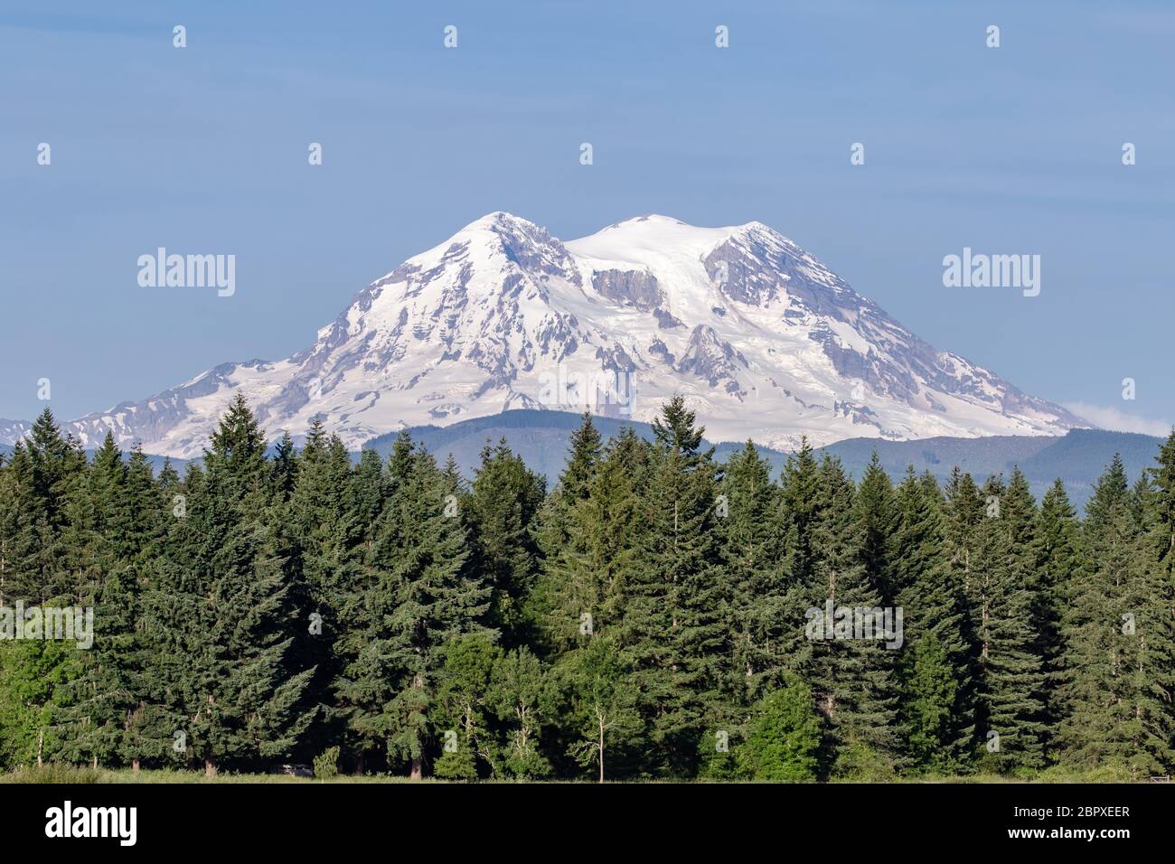 Mount Rainier is a large active stratovolcano in Washington state, in the Cascade mountain range Stock Photo