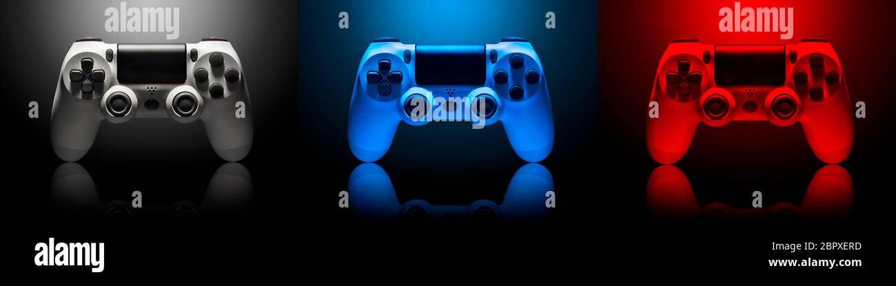 Set of hands holding video game gamepad in neon lights isolated on a ...