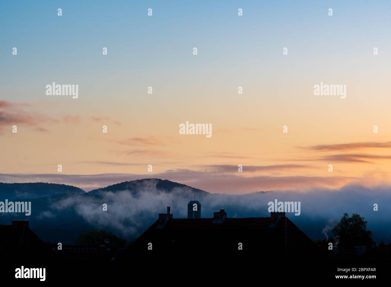 foggy trees and houses silhouette at dusk or dawn Stock Photo