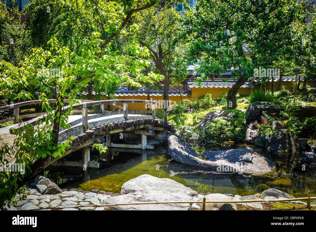 Bridge in temple japanese garden, Tokyo, Japan Stock Photo