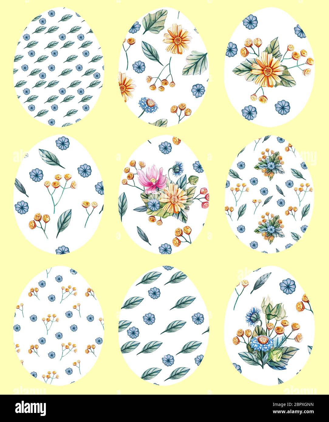 Set of 9 white Easter eggs on a yellow background with a pattern of flowers. Decorative Easter eggs with wildflowers. Yellow daisies, blue carnations, Stock Photo