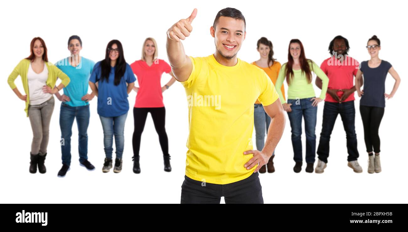 Group of friends success thumbs up successful young people isolated on a white background Stock Photo