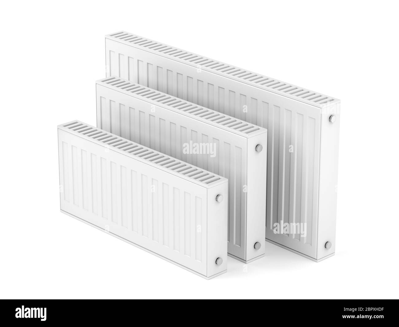 Group of heating radiators with different sizes on white background Stock Photo