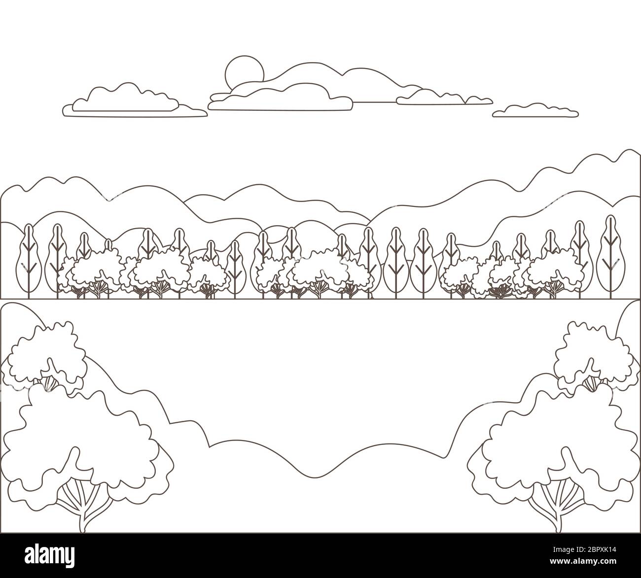 Thin line outline landscape rural farm. Panorama outdoor design village