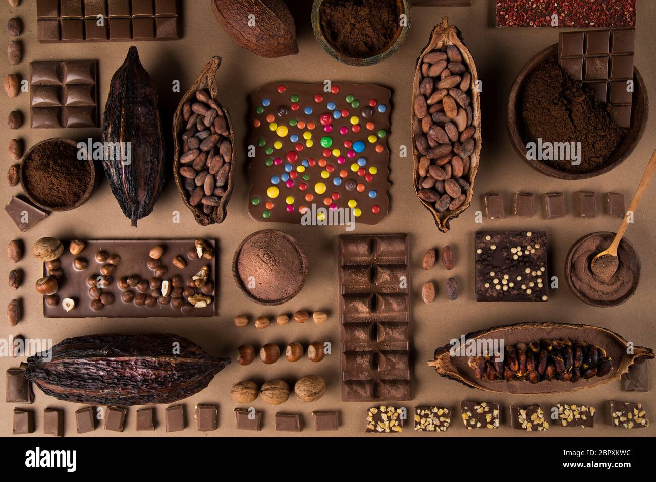 Chocolate Collection, Cocoa pod, candy sweet, dessert on natural paper