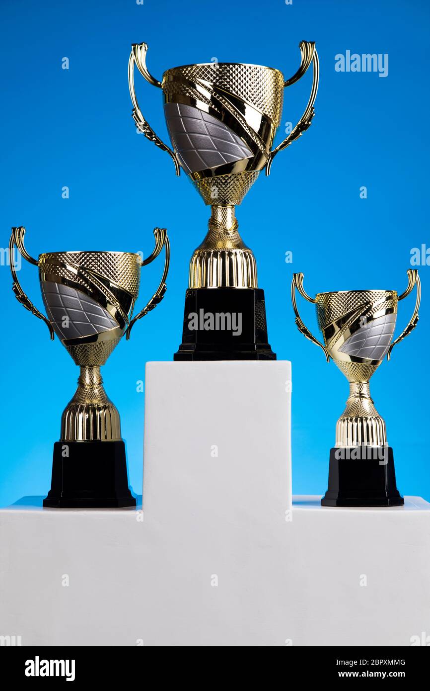 Podium for sports awards, equipment and balls Stock Photo