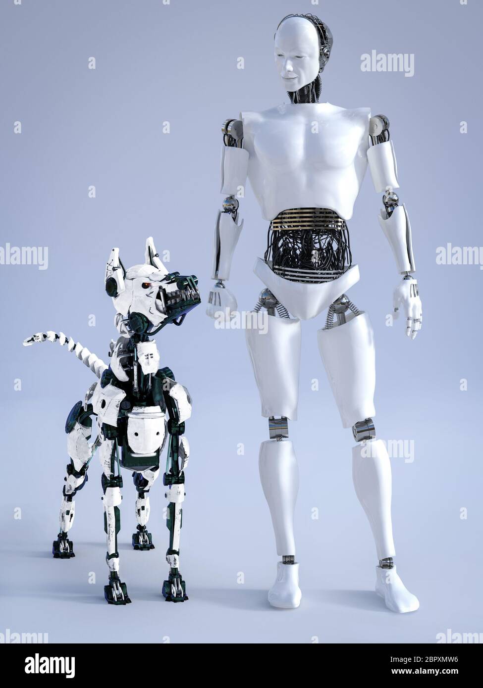 3D rendering of a male robot with a futuristic mean looking robot dog  beside him. They are looking at each other Stock Photo - Alamy