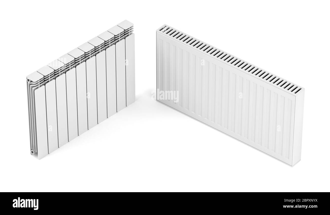 Different types of heating radiators on white background Stock Photo