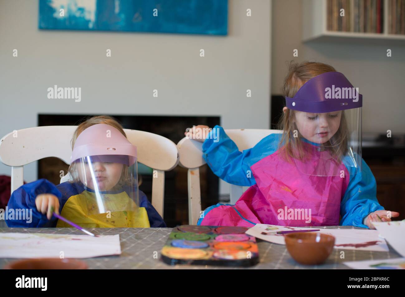 Kids wearing visors during the Covid 19 pandemic 2020 Stock Photo