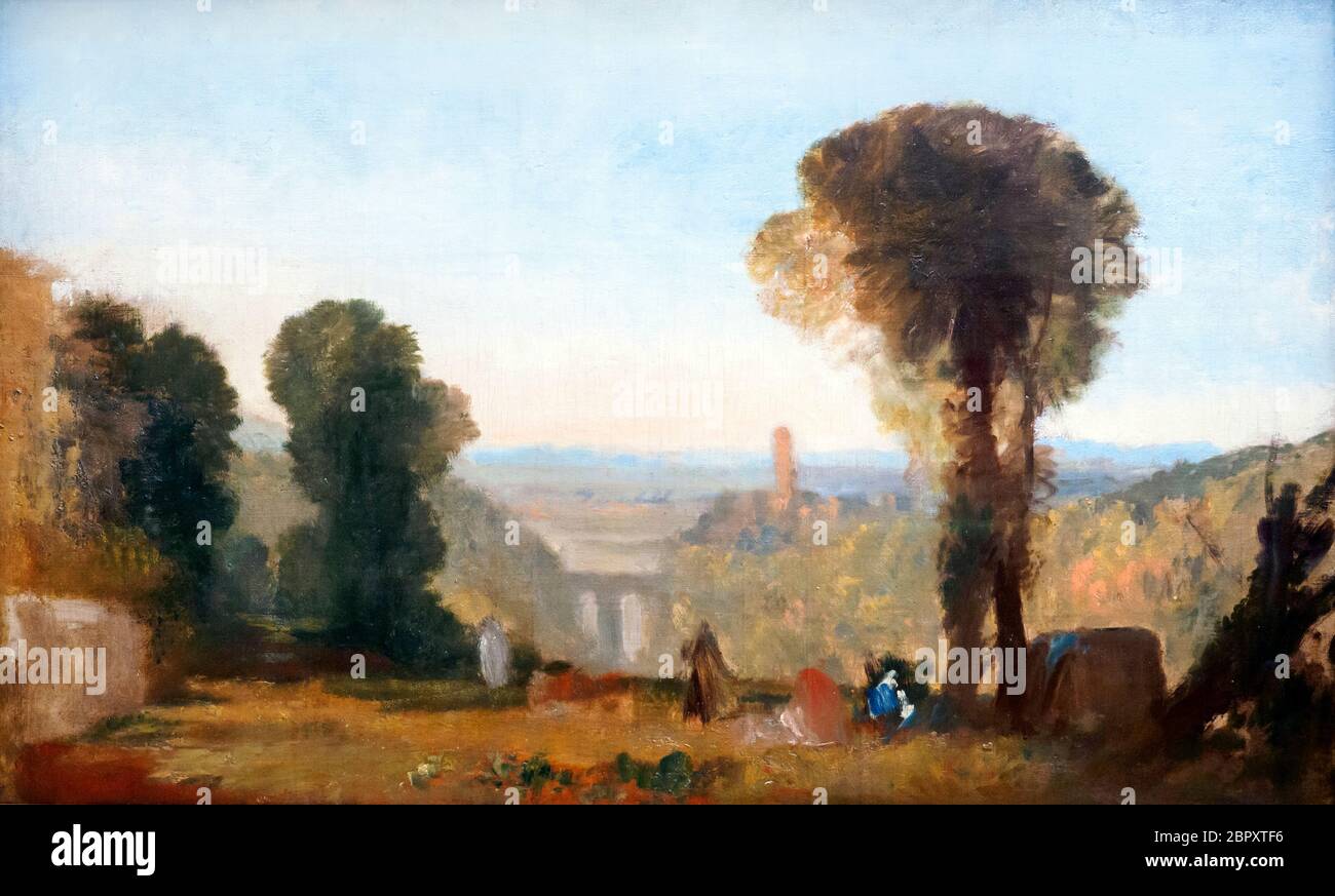JMW Turner 1775-1851 Italian Landscape with Bridge and Tower, c. 1827-8 Oil paint on Canvas Stock Photo