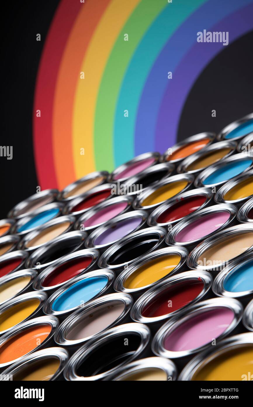 Creativity concept group of tin metal cans with color paint Stock Photo ...