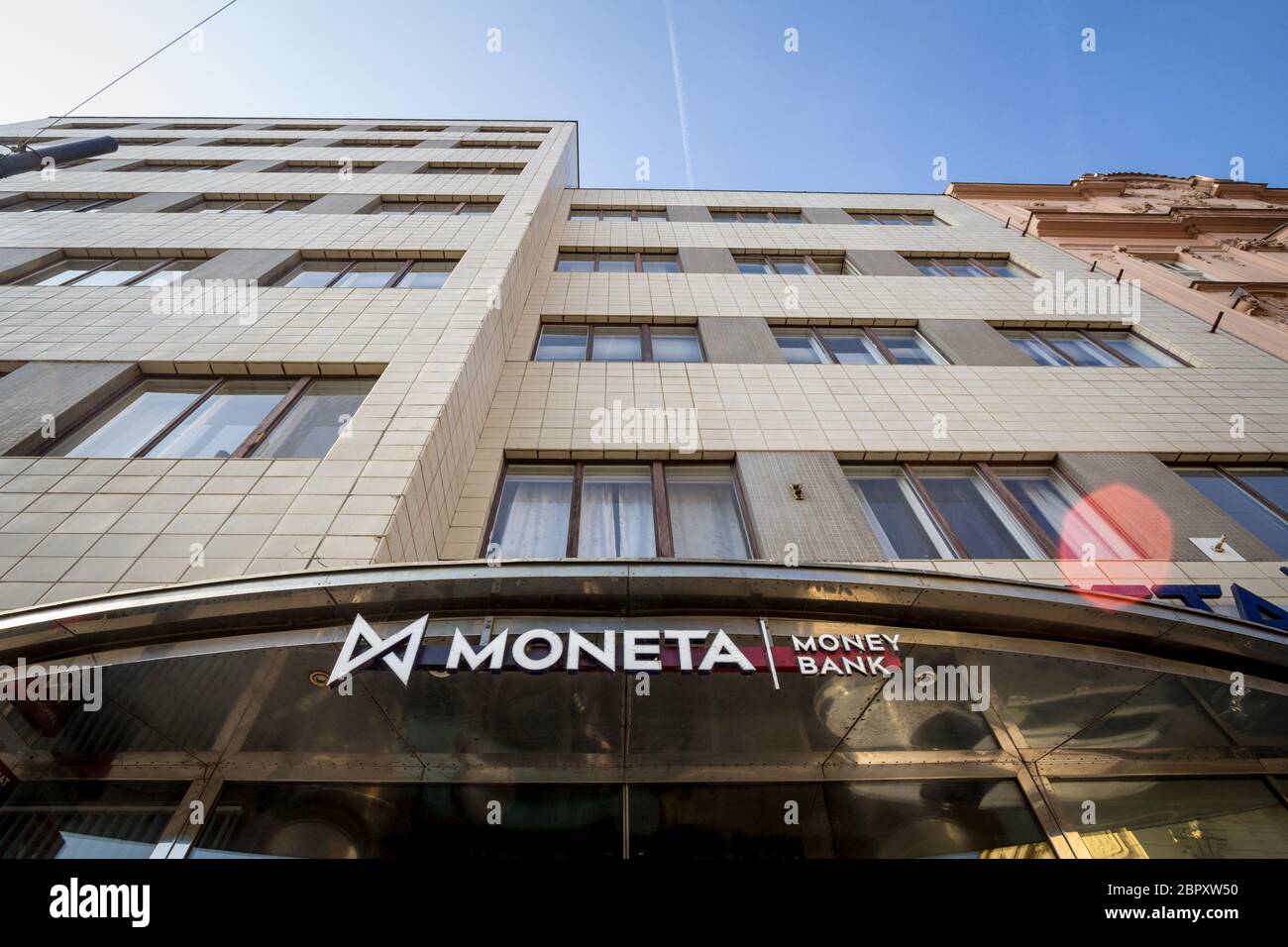 PRAGUE, CZECHIA - OCTOBER 31, 2019: Moneta Money Bank logo in front of their office for Prague. Moneta Money Bankis a Czech bank specialized in housin Stock Photo
