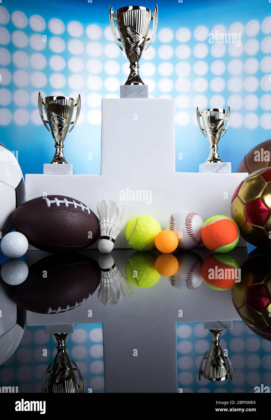 Podium for sports awards, equipment and balls Stock Photo