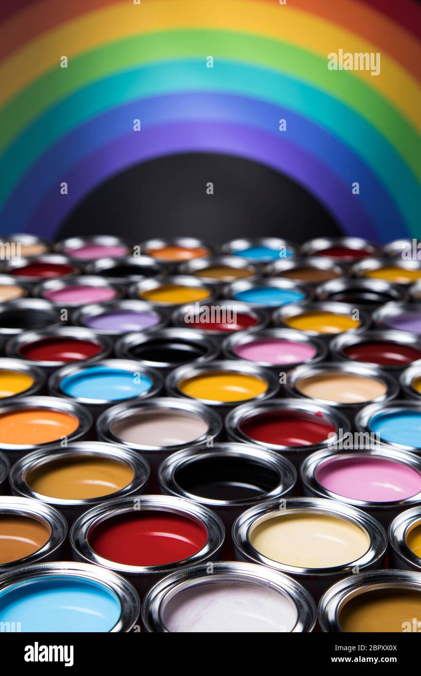 Creativity concept group of tin metal cans with color paint Stock Photo ...