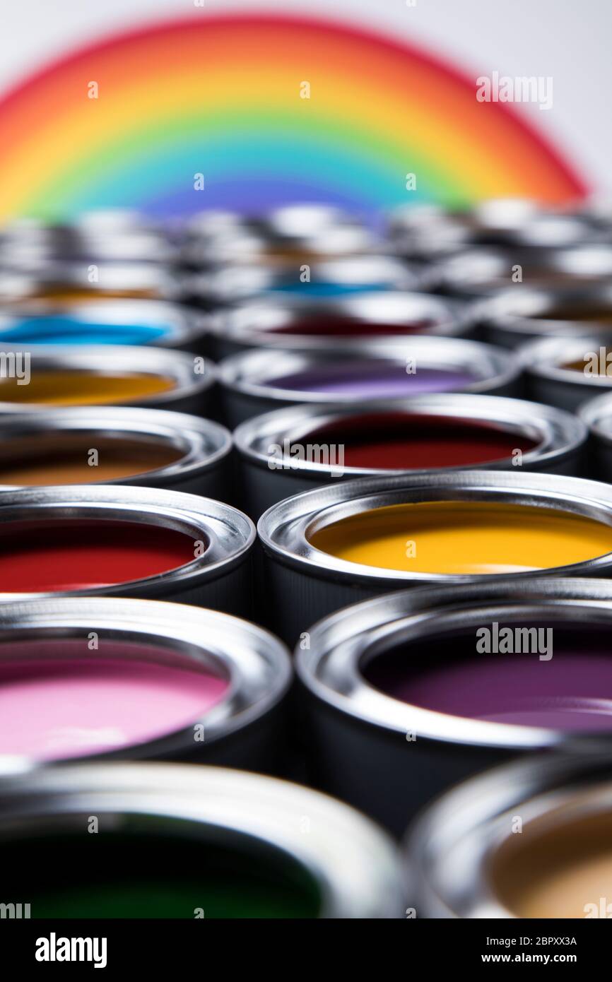 Creativity concept group of tin metal cans with color paint Stock Photo ...