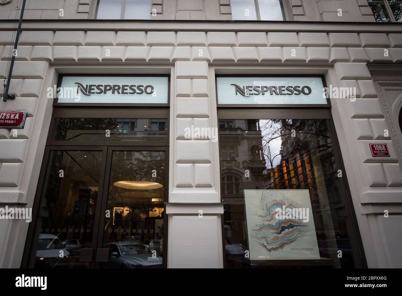 PRAGUE, CZECHIA - NOVEMBER 1, 2019: Nespresso logo in front of their boutique for Prague. Nespresso is a brand of Nestle group selling cafe and coffee Stock Photo