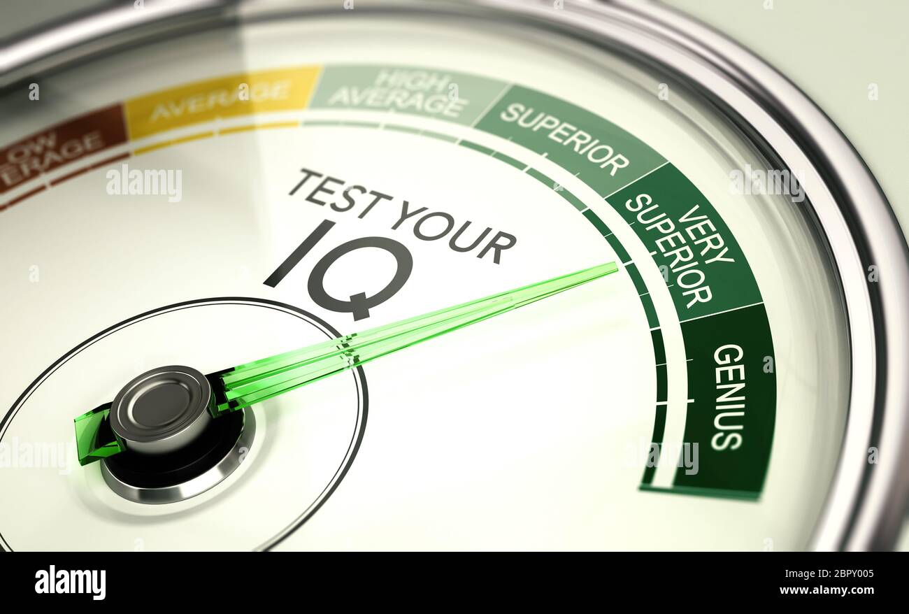 Concept of IQ testing, conceptual gauge with needle pointing very superior intelligence quotient. Stock Photo