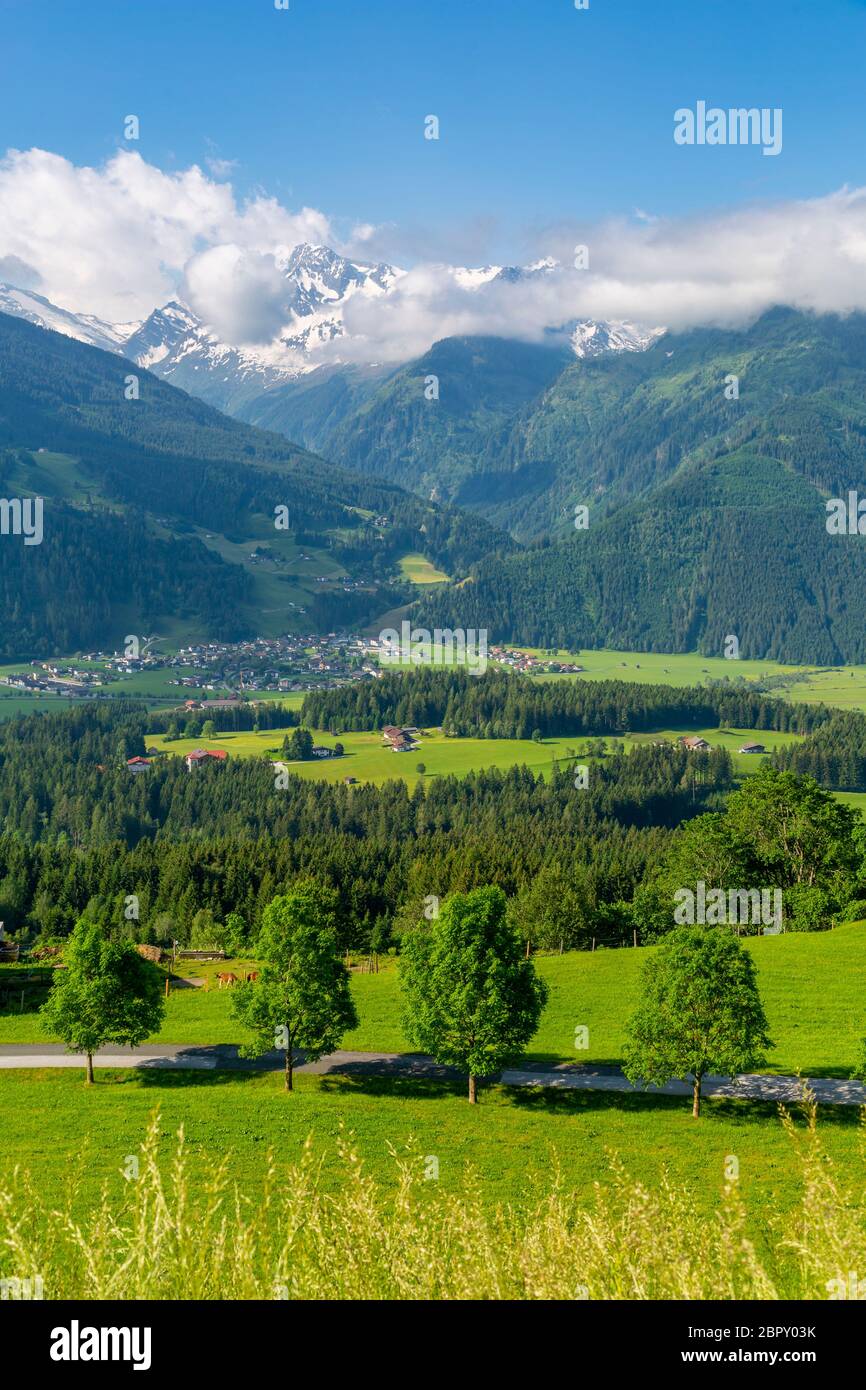 Elevated view of landscape near Mittersill, Pinzgau region of the Alps, Salzburg, Austria, Europe Stock Photo