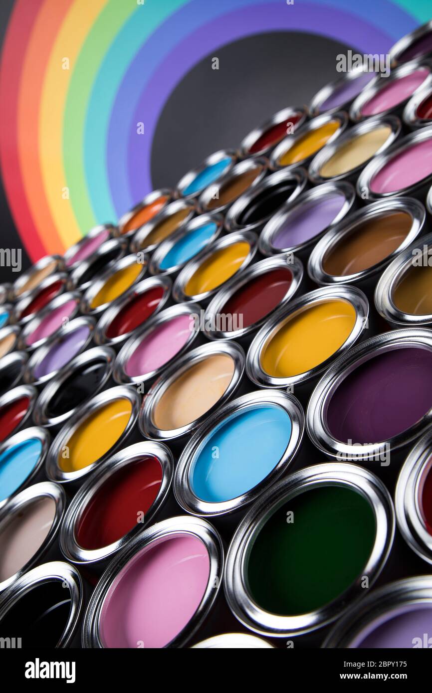 Creativity concept group of tin metal cans with color paint Stock Photo ...