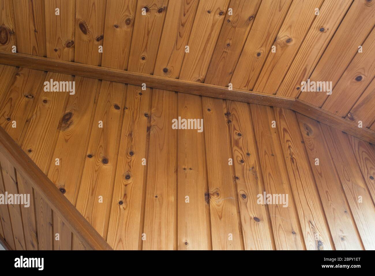 Old plaster and lath ceiling brown wood, vintage design close-up Stock Photo
