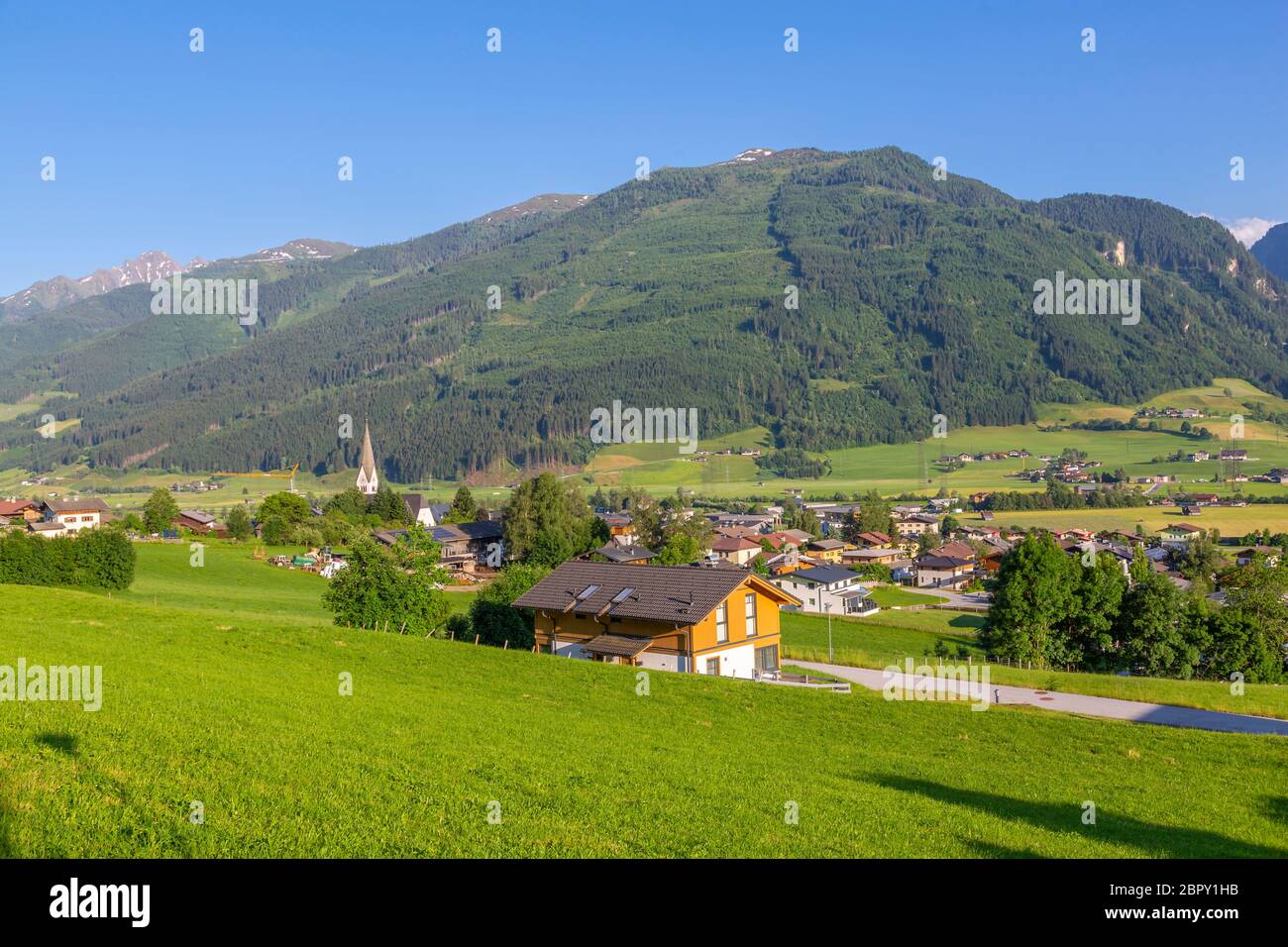 Elevated view of mountains and village near Mittersill, Pinzgau region of the Alps, Salzburg, Austria, Europe Stock Photo