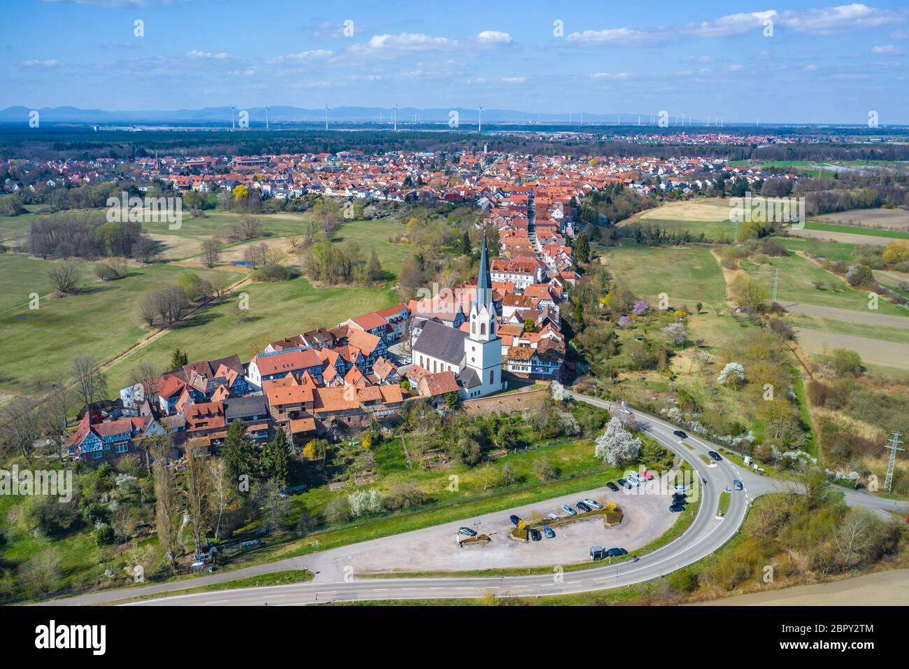 aerial shot of the historic old town of the village Jockgrim in Germany Stock Photo