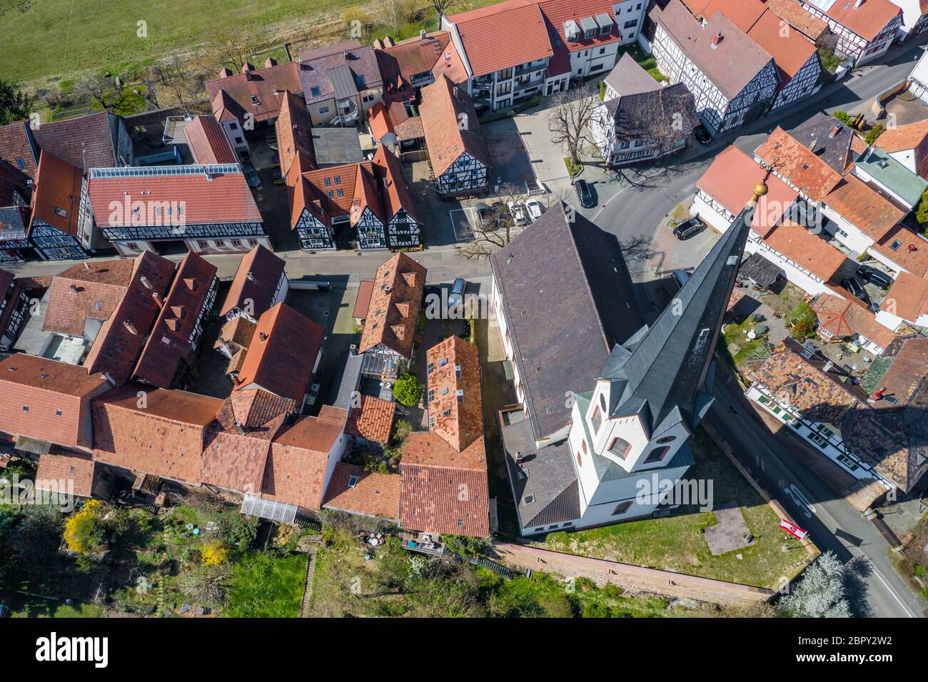 aerial view on the church of the village Jockgrim in Germany Stock Photo